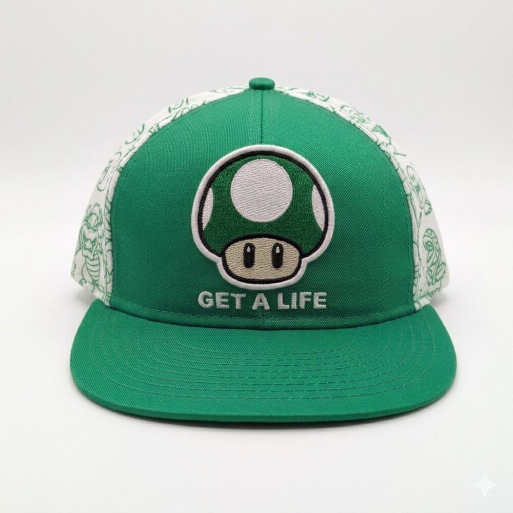 Vtg 2011 Nintendo Super Mario GET A LIFE 1UP Mushroom Hat S/M Bioworld AOP Green